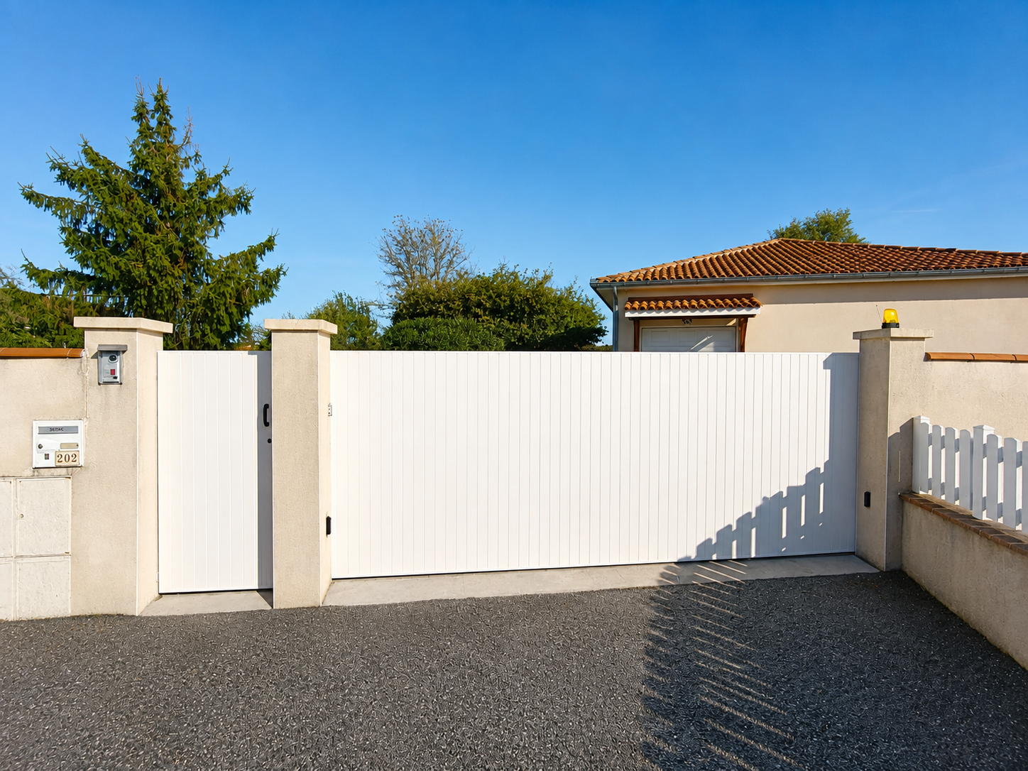 Portail coulissant aluminium blanc à lames verticales sur une entrée de maison