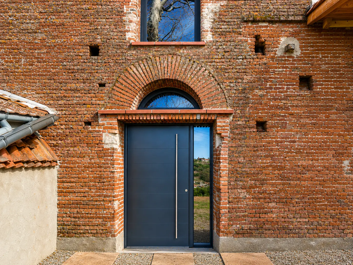 Porte d'entrée aluminium anthracite intégrée à une façade en brique toulousaine